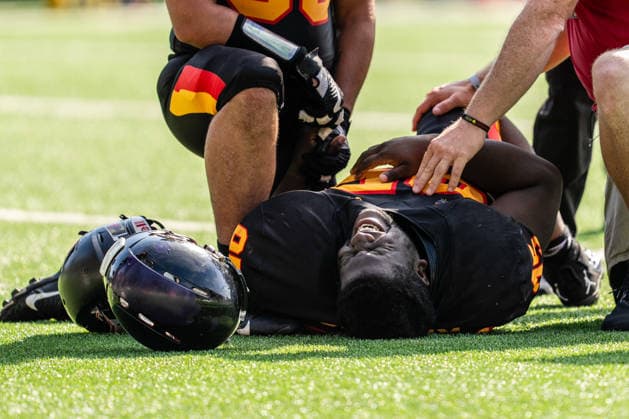 AMERICAN FOOTBALL - IFAF EC, AUT vs BEL SALZBURG,AUSTRIA,04.OCT.26 - AMERICAN FOOTBALL - IFAF European Championship, EM, Europameisterschaft Austria vs Belgium. Image shows Frederic Makanda (BEL) injuered.  GEPAxpictures xJulioxArellano