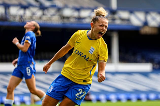LIVERPOOL, ENGLAND - October 4: Goal. Oceane Hurtre of Birmingham City celebrates scoring during the Barclays Womens Super League game between Everton and Birminghan City at Goodison Park on October 4, 2026 in Liverpool, England. (Photo by Natalie Mincher Sports Press Photo SPP) Copyright: xNataliexMincher SPPx Sportspressphoto_SPR245315