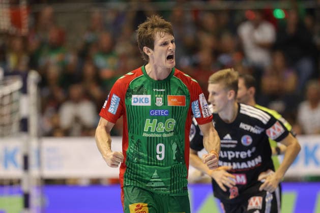 04.10.2026, xtgx, Handball Opel HBL, SC Magdeburg - HC Erlangen emspor, v.l. Oskar Vind Rasmussen (Magdeburg, 9) Jubel, Torjubel, jubelt ueber das Tor, celebrate the goal, celebration Magdeburg