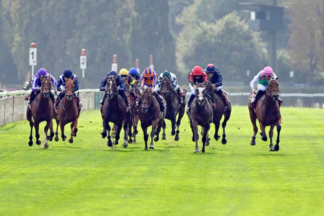 04.10.2026, Longchamp, Paris, FRA - Amusingly (right) with Colin Keane up wins the Prix Jean-Luc Lagadere. ParisLongchamp racecourse. (Pferd, Jockey, Amusingly, Keane, Sieg, Ziel, Zielankunft) 261004C970LONGCHAMP.JPG