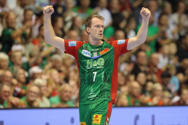 04.10.2026, xtgx, Handball Opel HBL, SC Magdeburg - HC Erlangen emspor, v.l. Felix Claar (Magdeburg, 7) Jubel, Torjubel, jubelt ueber das Tor, celebrate the goal, celebration Magdeburg