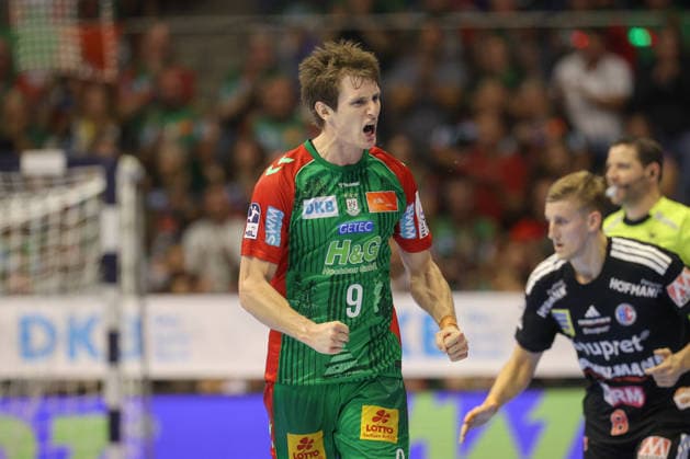 04.10.2026, xtgx, Handball Opel HBL, SC Magdeburg - HC Erlangen emspor, v.l. Oskar Vind Rasmussen (Magdeburg, 9) Jubel, Torjubel, jubelt ueber das Tor, celebrate the goal, celebration Magdeburg