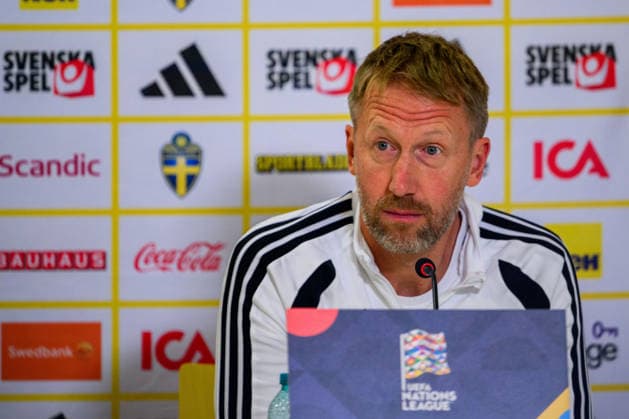 261004 Head coach Graham Potter of the Swedish men s national football team at a press conference, PK, Pressekonferenz on October 4, 2026 in Bucharest. Photo: Ludvig Thunman BILDBYRAN kod LT LT0827 fotboll football soccer fotball nations league uefa nations league presskonferens press conference sverige sweden sverige a bbeng fotboll football soccer fotball nations league uefa nations league presskonferens press conference sverige sweden sverige a bbeng Copyright: LUDVIGxTHUNMAN BB261004LT077