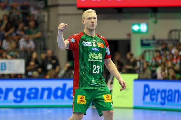 04.10.2026, xgox, Handball - Opel HBL SC Magdeburg - HC Erlangen emspor, v.l. Magnus Saugstrup (Magdeburg, 23) Jubel, Torjubel, jubelt ueber das Tor, celebrate the goal, celebration Magdeburg