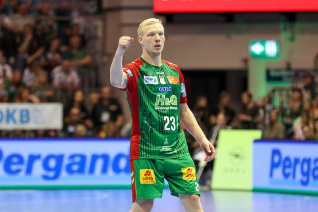 04.10.2026, xgox, Handball - Opel HBL SC Magdeburg - HC Erlangen emspor, v.l. Magnus Saugstrup (Magdeburg, 23) Jubel, Torjubel, jubelt ueber das Tor, celebrate the goal, celebration Magdeburg