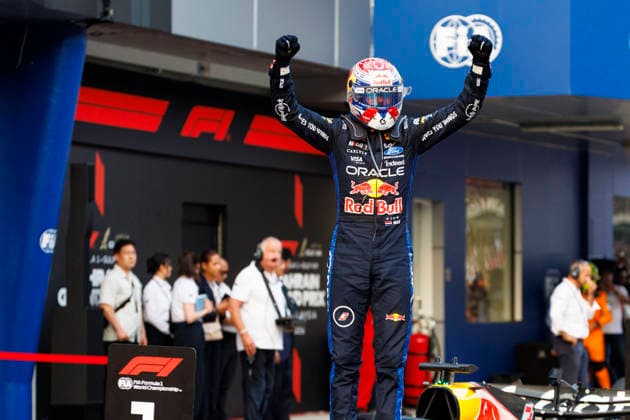4th October 2026; Sepang IC, Kuala Lumpur, Malaysia; Formula 1, Bahrain Grand Prix, Race Day; Oracle Red Bull Racing driver Max Verstappen of Netherlands celebrates winning the race StephenxBlackberry