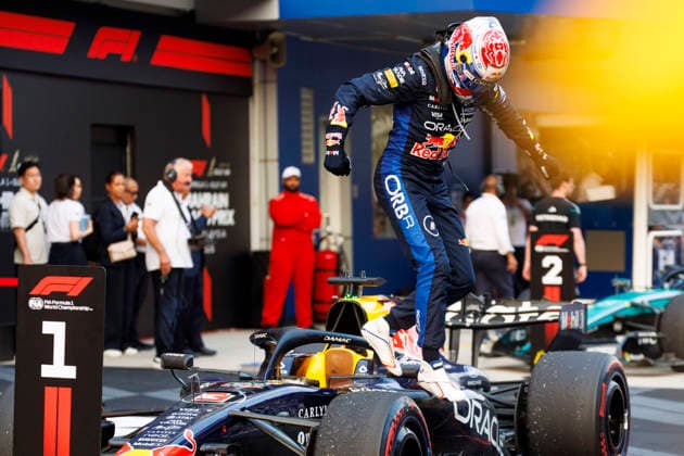 4th October 2026; Sepang IC, Kuala Lumpur, Malaysia; Formula 1, Bahrain Grand Prix, Race Day; Oracle Red Bull Racing driver Max Verstappen of Netherlands celebrates winning the race StephenxBlackberry