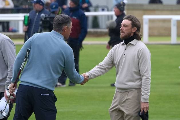 UK: The Alfred Dunhill Links Championship at The Old Course, St Andrews, Scotland on 04 October 2026: Pictured: Tommy Fleetwood (England) shakes hands with Padraig Harrington (Ireland) on the 18th green during the final round of the Alfred Dunhill Links Championship 2026 at the Old Course, St Andrews St Andrews The Old Course Fife Scotland Copyright: xAlexxToddx
