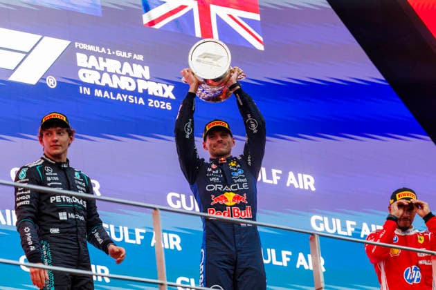 4th October 2026; Sepang IC, Kuala Lumpur, Malaysia; Formula 1, Bahrain Grand Prix, Race Day; Mercedes-AMG PETRONAS Formula One Team driver Kimi Antonelli of Italy, Oracle Red Bull Racing driver Max Verstappen of Netherlands, Scuderia Ferrari HP driver Lewis Hamilton of Great Britain celebrate being on the podium after the race StephenxBlackberry