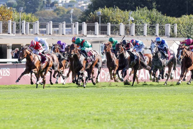 04.10.2026, Longchamp, Paris, FRA - Daryz with Mickael Barzalona up wins the Qatar Prix de l Arc de Triomphe. ParisLongchamp racecourse. (Pferd, Jockey, Daryz, Barzalona, Sieg, Ziel, Zielankunft) 261004D539LONGCHAMP.JPG