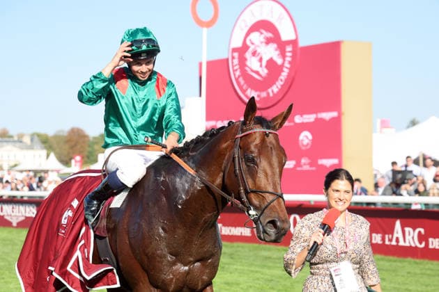 04.10.2026, Longchamp, Paris, FRA - Daryz with Mickael Barzalona up after winning the Qatar Prix de l Arc de Triomphe. ParisLongchamp racecourse. (Pferd, Jockey, Daryz, Barzalona, Sieg) 261004D546LONGCHAMP.JPG