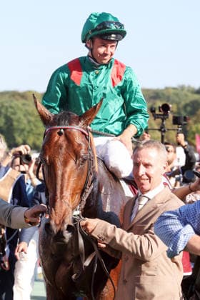 04.10.2026, Longchamp, Paris, FRA - Daryz with Mickael Barzalona up after winning the Qatar Prix de l Arc de Triomphe. ParisLongchamp racecourse. (Pferd, Jockey, Daryz, Barzalona, Sieg) 261004D547LONGCHAMP.JPG