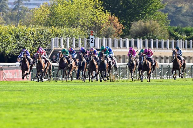 04.10.2026, Longchamp, Paris, FRA - Daryz (fourth from right) with Mickael Barzalona up wins the Qatar Prix de l Arc de Triomphe. ParisLongchamp racecourse. (Pferd, Jockey, Daryz, Barzalona, Sieg, Ziel, Zielankunft) 261004C977LONGCHAMP.JPG