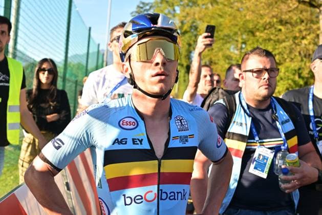 Belgium s Remco Evenepoel reacts after the finish of the elite men Road Race race (196,2 km) at the cycling UEC Road European Championships, in Ljubljana, Slovenia Sunday 4 October 2026. The UEC Road European Championships are taking place from 02 to 07 October in Ljubljana, Slovenia. DAVIDxPINTENS  x188707166x
