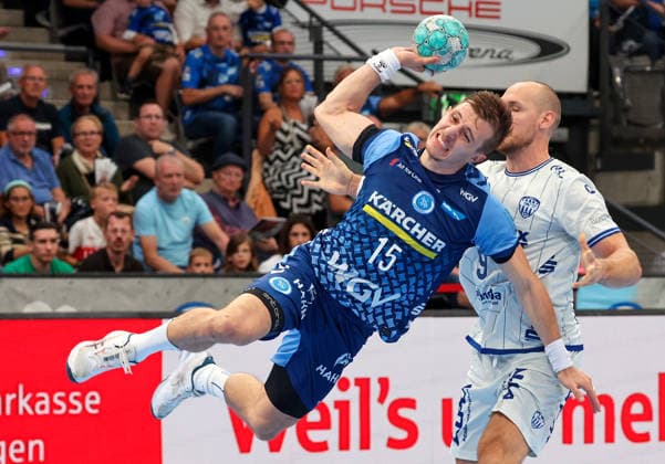 04.10.2026, Deutschland, Stuttgart, Opel HBL, Bundesliga 2026 2027, TVB Stuttgart vs. TBV Lemgo Lippe, v.l. Simone Mengon (TVB), Christian O Sullivan (TBV)