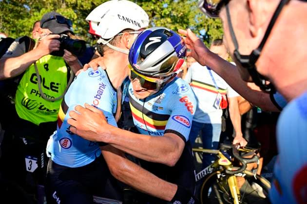 UEC 2026 Road European Championships Ljubljana 04 10 2026 LJUBLJANA, SLOVENIA - OCTOBER 04 : Evenepoel Remco (BEL) celebrates the victory with teammate Debruyne Ramses (BEL) during the Men Elite cycling road race at the 2026 UEC Road European Championships Ljubljana, an UCI Continental Championships cycling race of 196,3 km with start in Ljubljana and finish in Sencur on October 4, 2026 in Ljubljana, Slovenia, 04 10 2026 Ljubljana Slovenia  Copyright: xJanxDexMeuleneirx