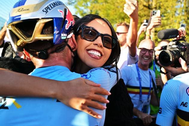Belgian Remco Evenepoel and his wife Oumaima Oumi Rayane celebrate after winning the elite men Road Race race (196,2 km) at the cycling UEC Road European Championships, in Ljubljana, Slovenia Sunday 4 October 2026. The UEC Road European Championships are taking place from 02 to 07 October in Ljubljana, Slovenia. DAVIDxPINTENS  x188708141x