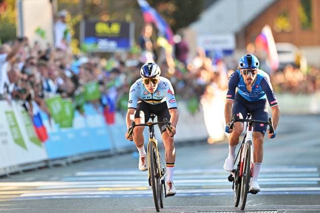 Belgium s Remco Evenepoel and Italy s Giulio Ciccone sprint to the finish of the elite men Road Race race (196,2 km) at the cycling UEC Road European Championships, in Ljubljana, Slovenia Sunday 4 October 2026. The UEC Road European Championships are taking place from 02 to 07 October in Ljubljana, Slovenia. DAVIDxPINTENS  x188708261x