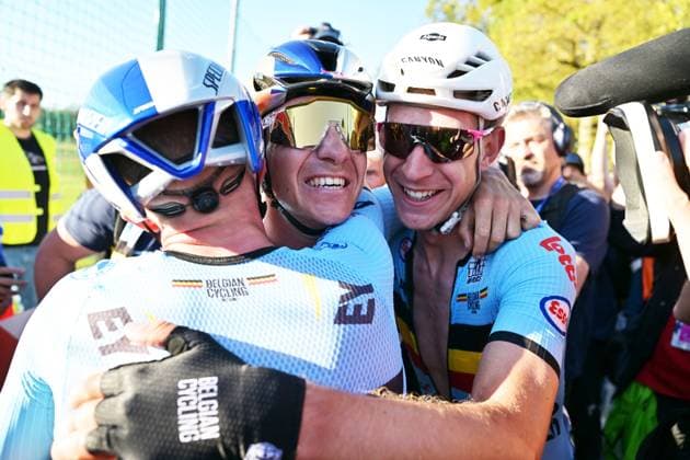 Belgium s Remco Evenepoel and Belgium s Ramses Debruyne celebrate after winning the elite men Road Race race (196,2 km) at the cycling UEC Road European Championships, in Ljubljana, Slovenia Sunday 4 October 2026. The UEC Road European Championships are taking place from 02 to 07 October in Ljubljana, Slovenia. DAVIDxPINTENS  x188708406x