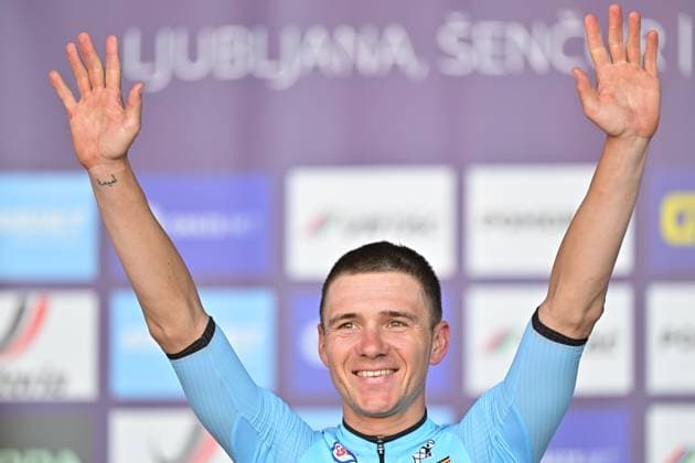 Belgium s Remco Evenepoel celebrates on the podium after winning the elite men Road Race race (196,2 km) at the cycling UEC Road European Championships, in Ljubljana, Slovenia Sunday 4 October 2026. The UEC Road European Championships are taking place from 02 to 07 October in Ljubljana, Slovenia. DAVIDxPINTENS  x188708637x