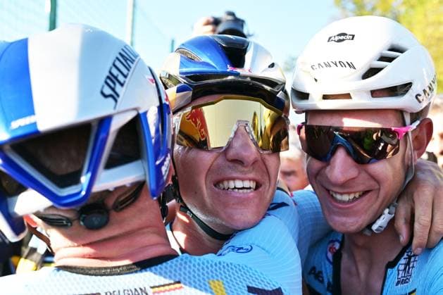 Belgium s Remco Evenepoel and Belgium s Ramses Debruyne celebrate after winning the elite men Road Race race (196,2 km) at the cycling UEC Road European Championships, in Ljubljana, Slovenia Sunday 4 October 2026. The UEC Road European Championships are taking place from 02 to 07 October in Ljubljana, Slovenia. DAVIDxPINTENS  x188708762x