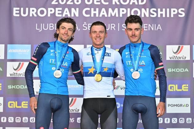 Italy s Giulio Ciccone; Belgium s Remco Evenepoel and Italy s Christian Scaroni celebrate on the podium after the elite men Road Race race (196,2 km) at the cycling UEC Road European Championships, in Ljubljana, Slovenia Sunday 4 October 2026. The UEC Road European Championships are taking place from 02 to 07 October in Ljubljana, Slovenia. DAVIDxPINTENS  x188708821x