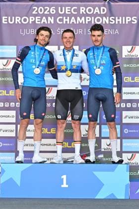 Italy s Giulio Ciccone; Belgium s Remco Evenepoel and Italy s Christian Scaroni celebrate on the podium after the elite men Road Race race (196,2 km) at the cycling UEC Road European Championships, in Ljubljana, Slovenia Sunday 4 October 2026. The UEC Road European Championships are taking place from 02 to 07 October in Ljubljana, Slovenia. DAVIDxPINTENS  x188710590x