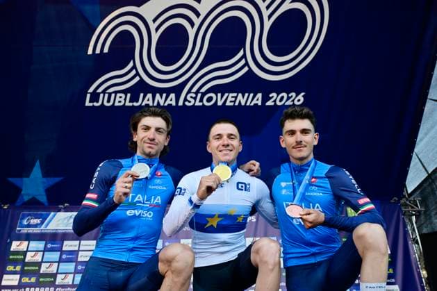 UEC 2026 Road European Championships Ljubljana 04 10 2026 LJUBLJANA, SLOVENIA - OCTOBER 04 : Evenepoel Remco (BEL), Ciccone Giulio (ITA) and Scaroni Christian (ITA) pictured during the podium ceremony after the Men Elite cycling road race at the 2026 UEC Road European Championships Ljubljana, an UCI Continental Championships cycling race of 196,3 km with start in Ljubljana and finish in Sencur on October 4, 2026 in Ljubljana, Slovenia, 04 10 2026 Ljubljana Slovenia  Copyright: xJanxDexMeuleneirx