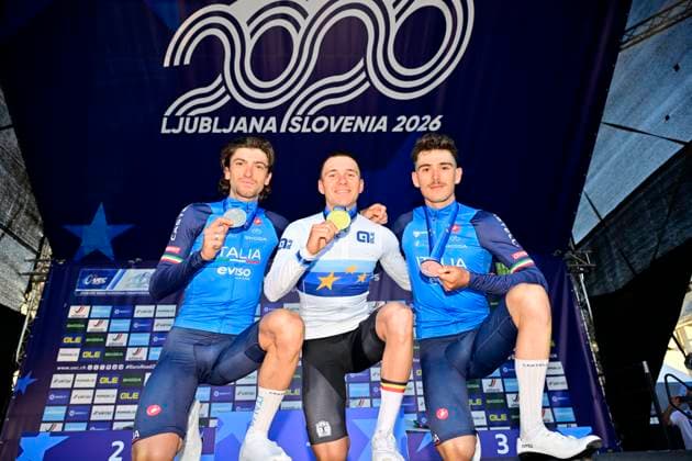 UEC 2026 Road European Championships Ljubljana 04 10 2026 LJUBLJANA, SLOVENIA - OCTOBER 04 : Evenepoel Remco (BEL), Ciccone Giulio (ITA) and Scaroni Christian (ITA) pictured during the podium ceremony after the Men Elite cycling road race at the 2026 UEC Road European Championships Ljubljana, an UCI Continental Championships cycling race of 196,3 km with start in Ljubljana and finish in Sencur on October 4, 2026 in Ljubljana, Slovenia, 04 10 2026 Ljubljana Slovenia  Copyright: xJanxDexMeuleneirx