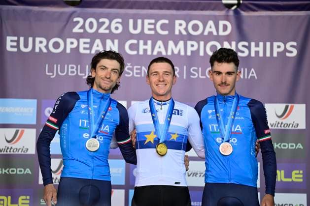 UEC 2026 Road European Championships Ljubljana 04 10 2026 LJUBLJANA, SLOVENIA - OCTOBER 04 : Evenepoel Remco (BEL), Ciccone Giulio (ITA) and Scaroni Christian (ITA) pictured during the podium ceremony after the Men Elite cycling road race at the 2026 UEC Road European Championships Ljubljana, an UCI Continental Championships cycling race of 196,3 km with start in Ljubljana and finish in Sencur on October 4, 2026 in Ljubljana, Slovenia, 04 10 2026 Ljubljana Slovenia  Copyright: xJanxDexMeuleneirx