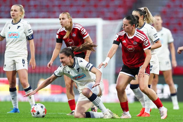 October 4, 2026, Nuremberg, Bayern, Germany: Hahn Chiara of Hoffenheim ( L ) and Brengel Jonna of FCN ( R ) fight for the ball during the Women German Bundesliga 2026 - 2027 football match between 1.FC Nurnberg and TSG Hoffenheim at Max Morlock Stadium in Nuremberg , Bayern , Germany . October 04th , 2026 Football Women German Bundesliga 2026 - 2027 1.FC Nurnberg-TSG Hoffenheim  - ZUMAe140 20261004_zip_e140_038 Copyright: xDavidexEliasx