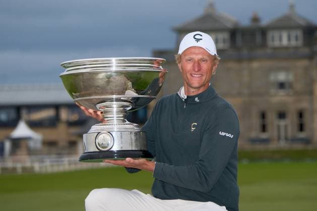 UK: The Alfred Dunhill Links Championship at The Old Course, St Andrews, Scotland on 04 October 2026: Pictured: Winner Adrian Meronk (POL) with the Alfred Dunhill Links Championship trophy 2026 St Andrews The Old Course Fife Scotland Copyright: xAlexxToddx