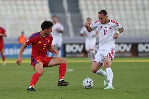 Irvin Cardona (right) of Malta is in action against Max Llovera of Andorra during the UEFA Nations League, League D, Group D1 match between Malta and Andorra at the National Stadium, in Ta Qali, Malta, on 04 October, 2026. UEFA Nations League, League D, Group D1 Qualifying; UEFA Nations League;