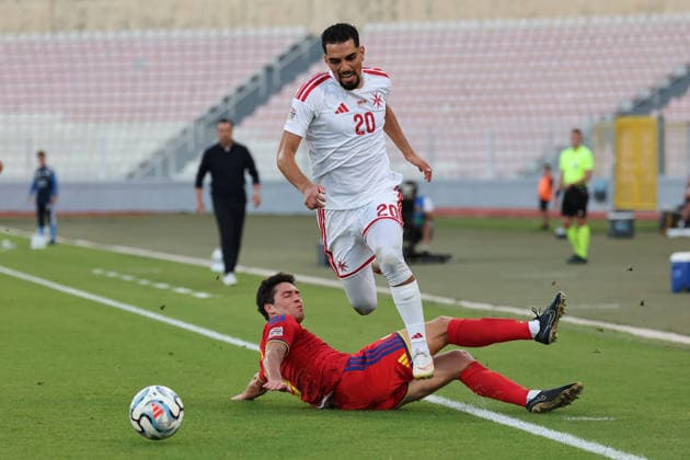 Ilyas Chouaref of Malta is in action during the UEFA Nations League, League D, Group D1 match between Malta and Andorra at the National Stadium, in Ta Qali, Malta, on 04 October, 2026. UEFA Nations League, League D, Group D1 Qualifying; UEFA Nations League;
