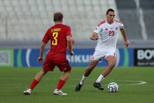 Alexander Satariano of Malta is in action during the UEFA Nations League, League D, Group D1 match between Malta and Andorra at the National Stadium, in Ta Qali, Malta, on 04 October, 2026. UEFA Nations League, League D, Group D1 Qualifying; UEFA Nations League;
