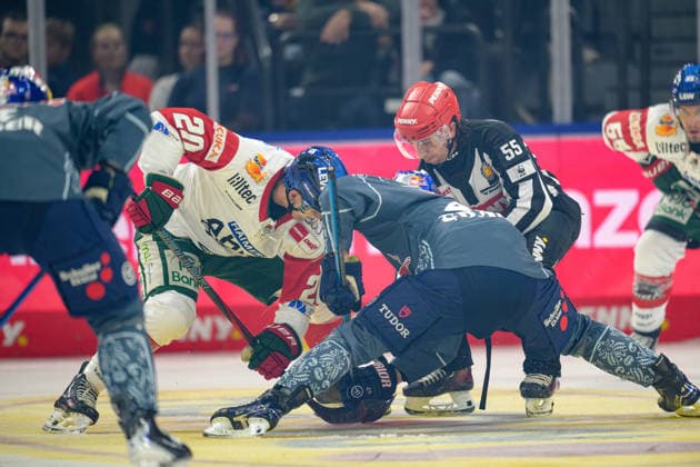 Eishockey, DEL, 20261004, EHC Red Bull München - Augbsburger Panther. Im Bild, v.l. Philipp Krauß (Augsburg, 20), Lucas Thaler (München, 48) und Linienrichter Marcus Höfer (55). München SAP-Garden Bayern Deutschland Copyright: Passion2Press MarkusxFischerx