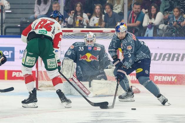 im Zweikampf, Aktion, mit Trevor Parkes 84 (Augsburger Panther), Lukas Klok 3 (EHC Red Bull Muenchen), Mathias Niederberger 35 (EHC Red Bull Muenchen), EHC Red Bull Muenchen vs. Augsburger Panther, 6. Spieltag, Eishockey, Penny-DEL, 03.10.2026 Muenchen Bayern Deutschland