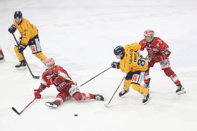 Sahnpark Crimmitschau 04.10.2026 Saison 2026 27 Eishockey 2. Bundesliga Hauptrunde Spiel 6 Kunsteisstadion Sachsen Sachsenderby Derby Eispiraten Eispiraten - Lausitzer Füchse Nikita Knaus Füchse gelb Nikolas Biggins EPC rot dahinter Emil Quaas 20 EPC gelb auf dem Eis fast liegend Brett Humberstone Füchse 4 links Crimmitschau Sachsen Germany
