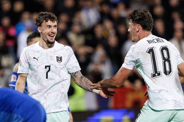 SOCCER - NL, KOS vs AUT PRISTINA,KOSOVO,04.OCT.26 - SOCCER - UEFA Nations League, OEFB international match, Länderspiel, Nationalmannschaft Kosovo vs Austria. Image shows the rejoicing of Christoph Lang and Felix Bacher (AUT).  GEPAxpictures xArminxRauthner