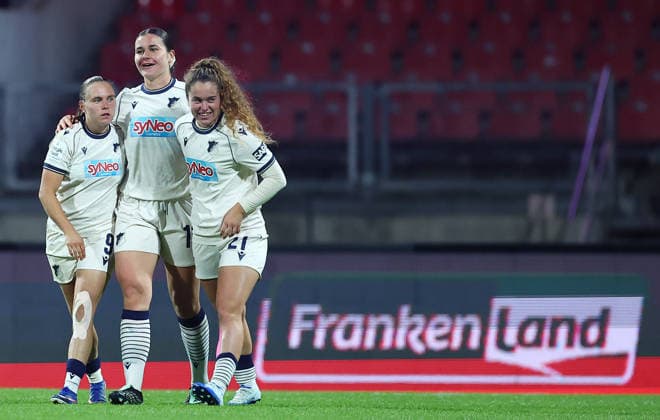October 4, 2026, Nuremberg, Bayern, Germany: Folmli Svenja of Hoffenheim ( Middle , 19 ) celebrates after scoring 1-1 during the Women German Bundesliga 2026 - 2027 football match between 1.FC Nurnberg and TSG Hoffenheim at Max Morlock Stadium in Nuremberg , Bayern , Germany . October 04th , 2026 Football Women German Bundesliga 2026 - 2027 1.FC Nurnberg-TSG Hoffenheim  - ZUMAe140 20261004_zip_e140_069 Copyright: xDavidexEliasx