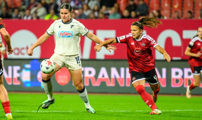 04.10.2026 - Fussball - Saison 2026 2027 - 1. Google Pixel Frauen Bundesliga - 06. Spieltag: 1. FC Nürnberg FCN ( Club Clubfrauen ) - TSG 1899 Hoffenheim - Sportfoto Zink - xwoxzix - Svenja Julia Fölmli (19, TSG Hoffenheim ) Alexsandra Lobanova (4, 1. FC Nürnberg FCN )