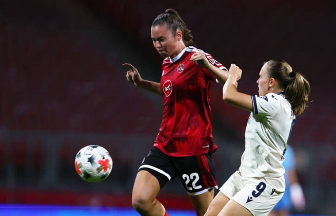 October 4, 2026, Nuremberg, Bayern, Germany: Pollak Julia of FCN ( L ) and Steiner Marie of Hoffenheim ( R ) fight for the ball during the Women German Bundesliga 2026 - 2027 football match between 1.FC Nurnberg and TSG Hoffenheim at Max Morlock Stadium in Nuremberg , Bayern , Germany . October 04th , 2026 Nuremberg Germany - ZUMAe140 20261004_zip_e140_067 Copyright: xDavidexEliasx