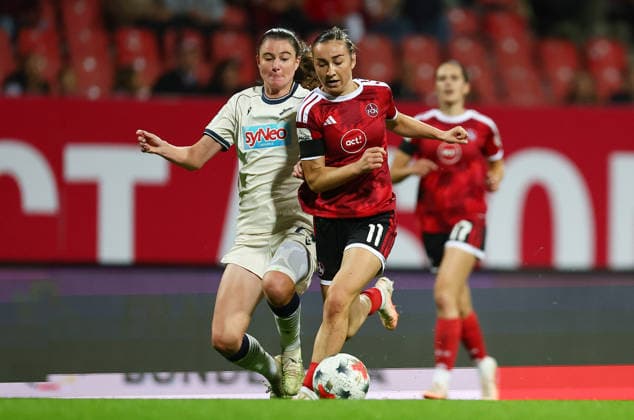October 4, 2026, Nuremberg, Bayern, Germany: Hahn Chiara of Hoffenheim ( L ) and Meroni Lara of FCN ( R ) fight for the ball during the Women German Bundesliga 2026 - 2027 football match between 1.FC Nurnberg and TSG Hoffenheim at Max Morlock Stadium in Nuremberg , Bayern , Germany . October 04th , 2026 Nuremberg Germany - ZUMAe140 20261004_zip_e140_074 Copyright: xDavidexEliasx