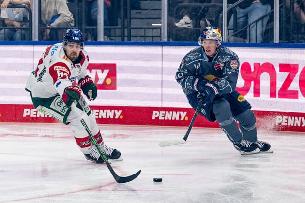 Kampf um den Puck Zweikampf zwischen Felix Scheel (Augsburger Panther, 54) und Elis Hede (EHC Red Bull Muenchen, 10) GER, EHC Red Bull Muenchen vs. Augsburger Panther, DEL, Saison 2026 2027, 6. Spieltag, 04.10.2026. Foto: HMB Media Heike Feiner Copyright: HMBxMedia HeikexFeiner