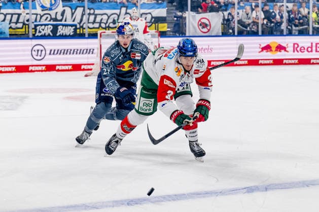 Kampf um den Puck Zweikampf zwischen Veit Oswald (EHC Red Bull Muenchen, 27) und Alec McCrea (Augsburger Panther, 03) GER, EHC Red Bull Muenchen vs. Augsburger Panther, DEL, Saison 2026 2027, 6. Spieltag, 04.10.2026. Foto: HMB Media Heike Feiner Copyright: HMBxMedia HeikexFeiner