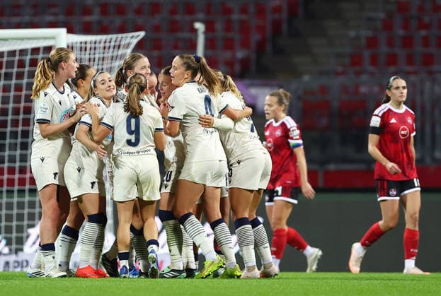 Football Women german Bundesliga 2026 - 2027 1.FC Nurnberg-TSG Hoffenheim van de Velde Jonna of Hoffenheim (25 ) celebrates after scoring 1-2 during the Women German Bundesliga 2026 - 2027 football match between 1.FC Nurnberg and TSG Hoffenheim at Max Morlock Stadium in Nuremberg , Bayern , Germany . October 04th , 2026 Photo by Davide Elias Copyright: xDavidexEliasx