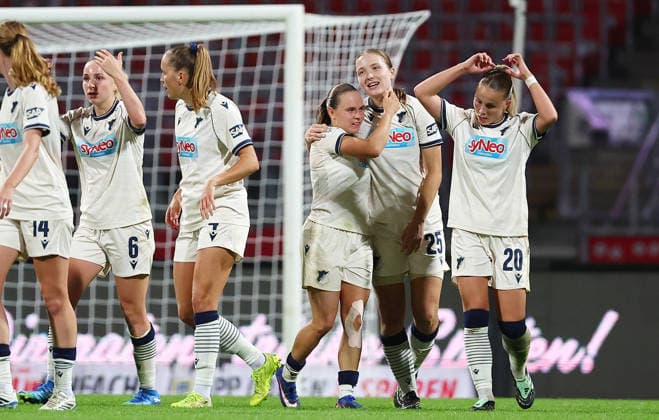 October 4, 2026, Nuremberg, Bayern, Germany: van de Velde Jonna of Hoffenheim (25 ) celebrates after scoring 1-2 during the Women German Bundesliga 2026 - 2027 football match between 1.FC Nurnberg and TSG Hoffenheim at Max Morlock Stadium in Nuremberg , Bayern , Germany . October 04th , 2026 Football Women German Bundesliga 2026 - 2027 1.FC Nurnberg-TSG Hoffenheim  - ZUMAe140 20261004_zip_e140_086 Copyright: xDavidexEliasx