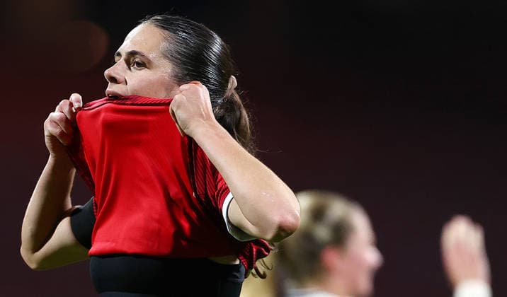 Football Women german Bundesliga 2026 - 2027 1.FC Nurnberg-TSG Hoffenheim Bleil Marie of FCN reacts at the end of the Women German Bundesliga 2026 - 2027 football match between 1.FC Nurnberg and TSG Hoffenheim at Max Morlock Stadium in Nuremberg , Bayern , Germany . October 04th , 2026 Photo by Davide Elias Copyright: xDavidexEliasx