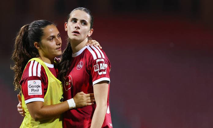 Football Women german Bundesliga 2026 - 2027 1.FC Nurnberg-TSG Hoffenheim Mafalda Barboz of FCN ( L ) comfortes Bleil Marie of FCN at the end of the Women German Bundesliga 2026 - 2027 football match between 1.FC Nurnberg and TSG Hoffenheim at Max Morlock Stadium in Nuremberg , Bayern , Germany . October 04th , 2026 Photo by Davide Elias Copyright: xDavidexEliasx