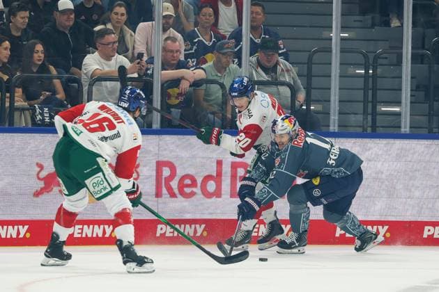 im Zweikampf, Aktion, mit Cameron Wright 16 (Augsburger Panther), Philipp Krauss 20 (Augsburger Panther), Brady Ferguson 12 (EHC Red Bull Muenchen), EHC Red Bull Muenchen vs. Augsburger Panther, 6. Spieltag, Eishockey, Penny-DEL, 03.10.2026 Muenchen Bayern Deutschland